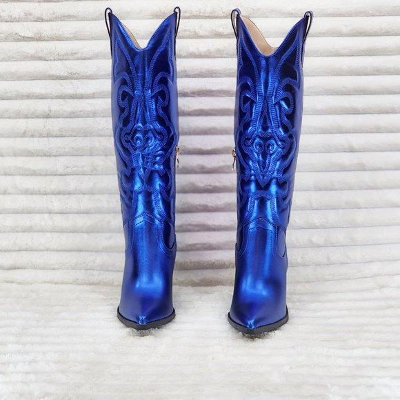 Metallic Western Knee High Cowgirl Cowboy Boots - Royal Blue Cobalt Blue - Picture 4 of 16